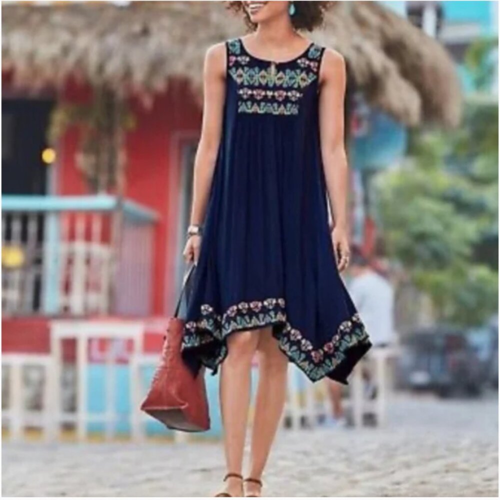 Sundance Of the Island blue embroidered asymmetrical dress S